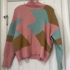 Stylish Colorblock Turtleneck Sweater - Pink, Blue, and Brown